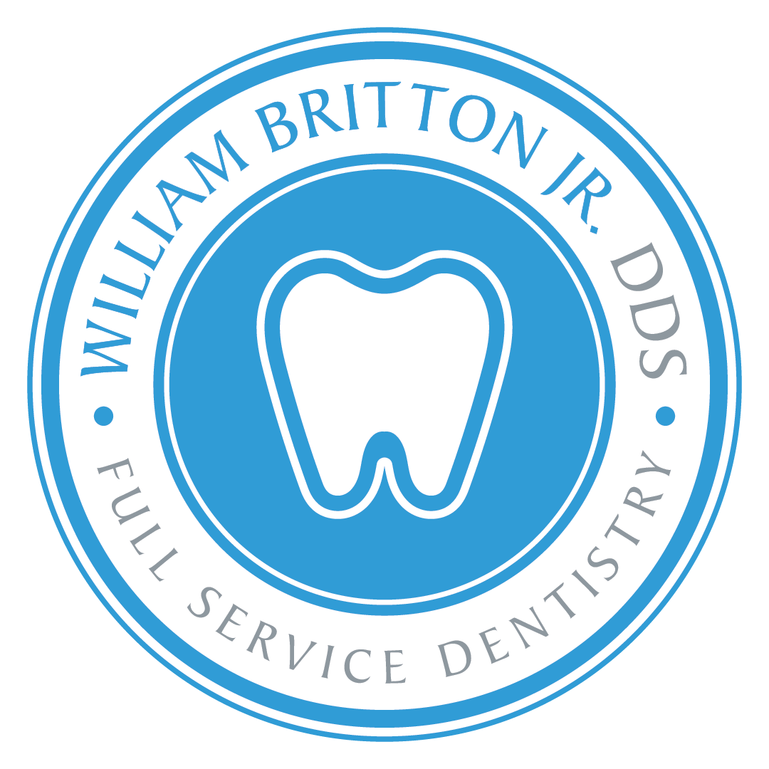 Britton DDS logo featuring a white tooth at the center of a circular design with 'William Britton Jr DDS' text above and 'Full Service Dentistry' below.
